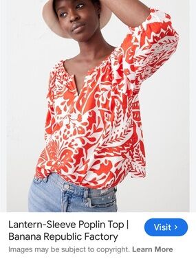 Banana Republic Red & White Floral Lantern-Sleeve Poplin Blouse